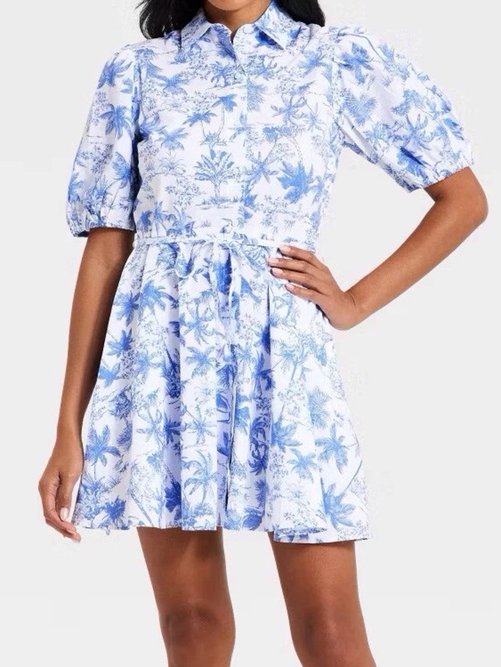 Blue and White Floral Mini Dress with Tie Waist - Picture 1 of 1
